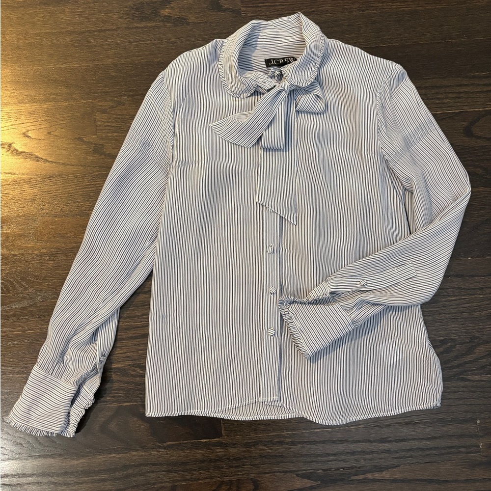 J. Crew Navy & White Striped Tie-Neck Shirt